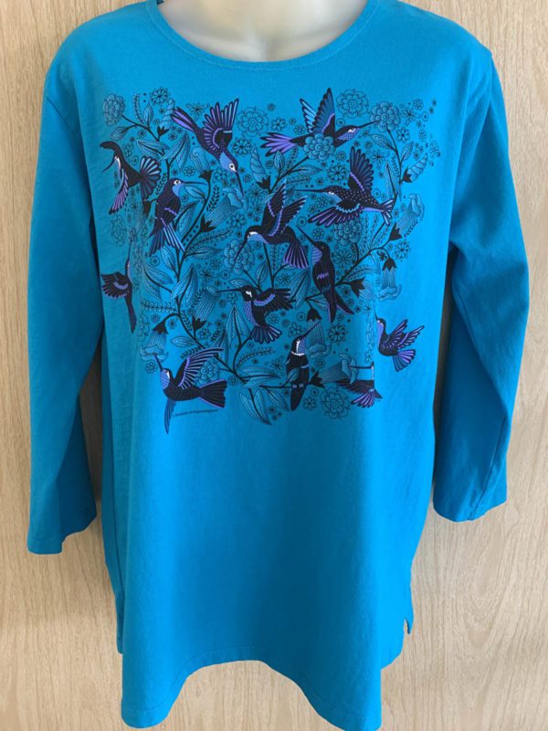 Sabaku Women's 3/4 Sleeve Top, Bouquet Hummingbirds | Sabaku Artwear